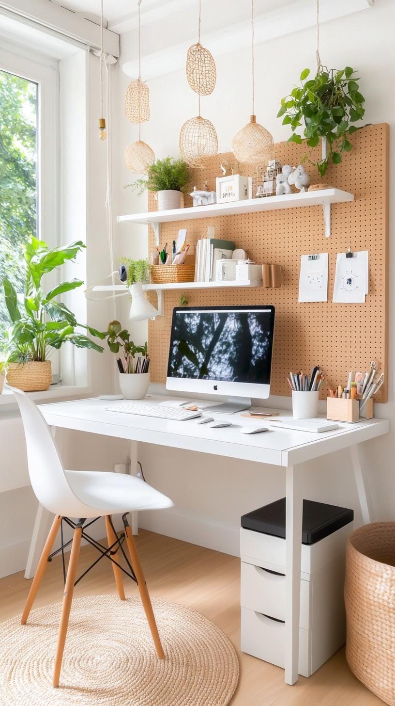 31 Home Office Ideas to Upgrade Your Work From Home Setup 6 1. Corner desk setup with pegboard and shelving-3