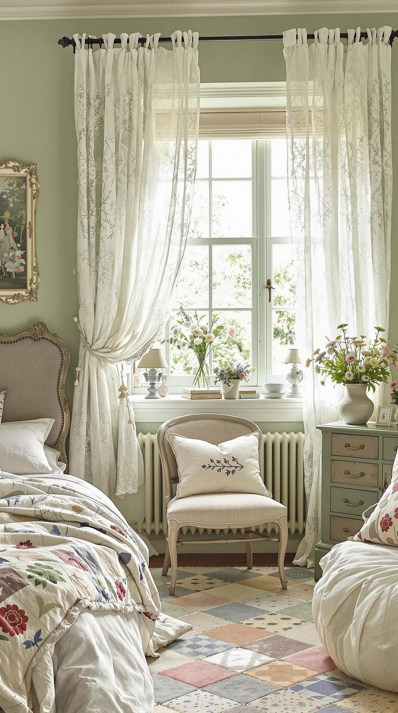 25 Trendy Sage Green Schlafzimmer Ideen für 2025 58 18. Cottagecore-inspiriertes Zimmer mit Spitzenvorhängen über Salbeigrün Walls-0