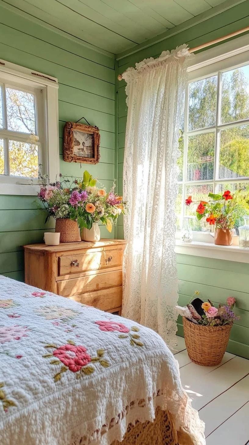 25 Trendy Sage Green Schlafzimmer Ideen für 2025 59 18. Cottagecore-inspiriertes Zimmer mit Spitzenvorhängen über Salbeigrünwänden-1