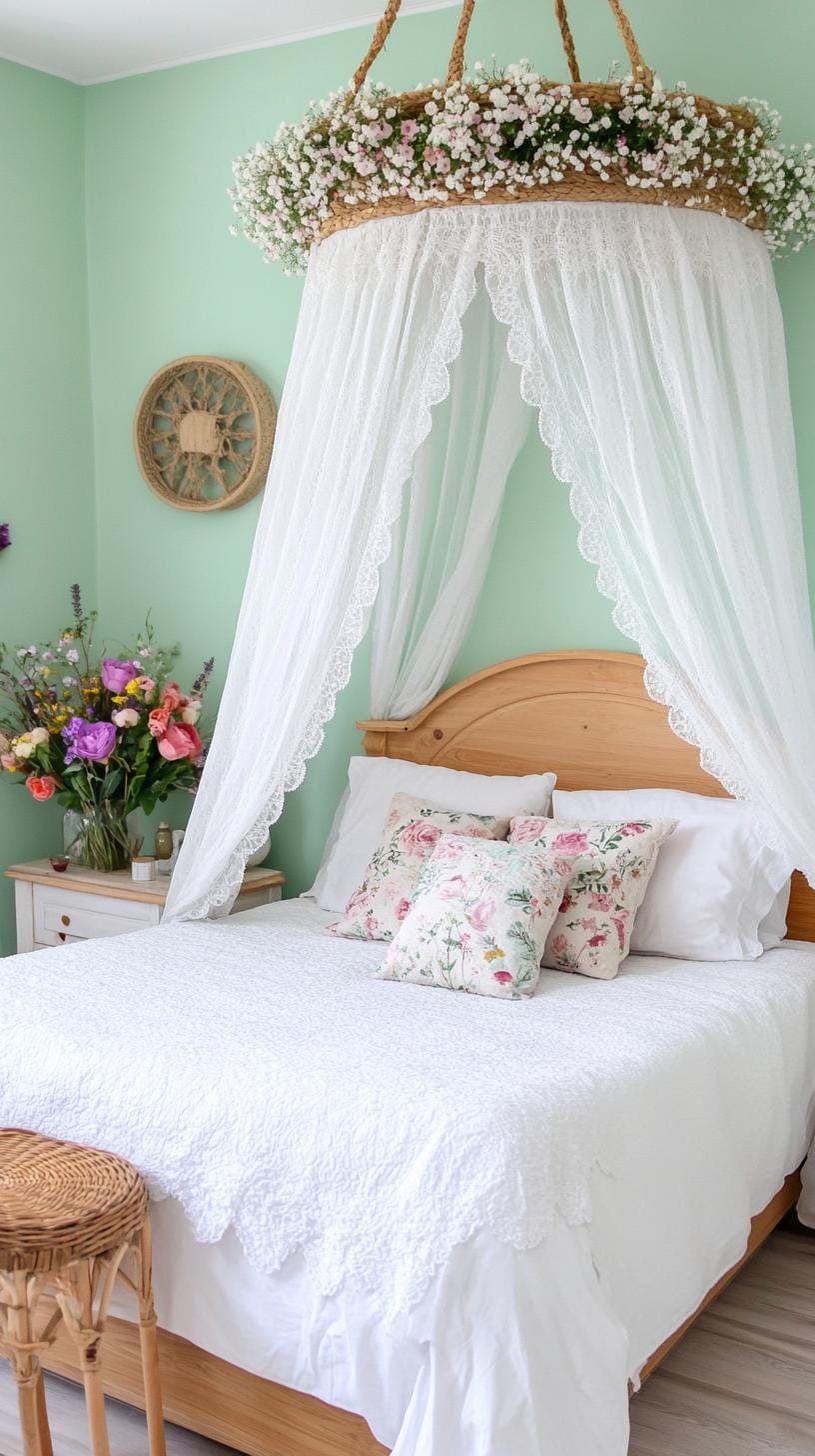 25 Trendy Sage Green Schlafzimmer Ideen für 2025 60 18. Cottagecore-inspiriertes Zimmer mit Spitzenvorhängen über Salbeigrün Walls-2