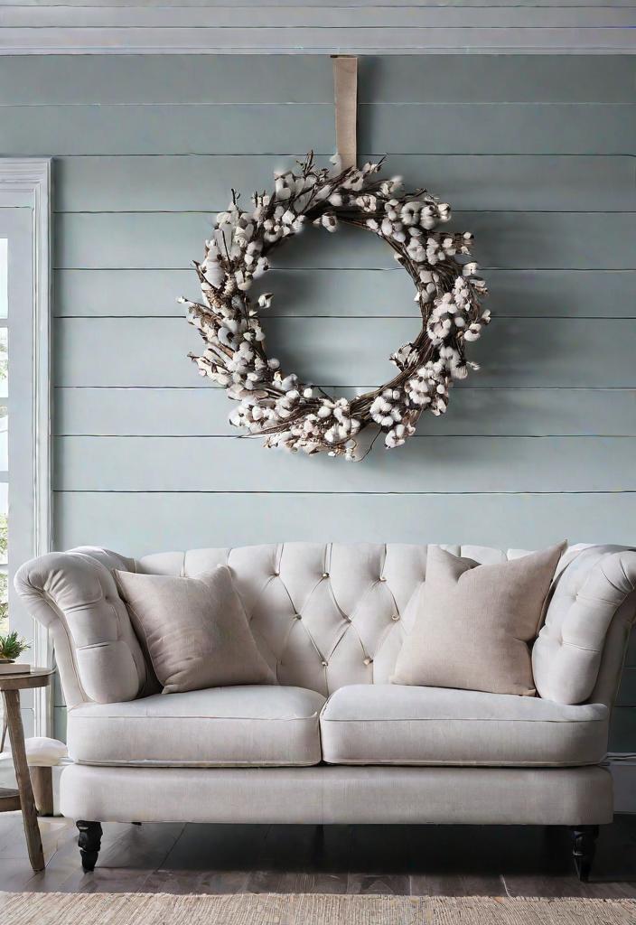 25 Charming Farmhouse Living Room Ideas For 2024 19 17. Cotton wreath wall decor-0