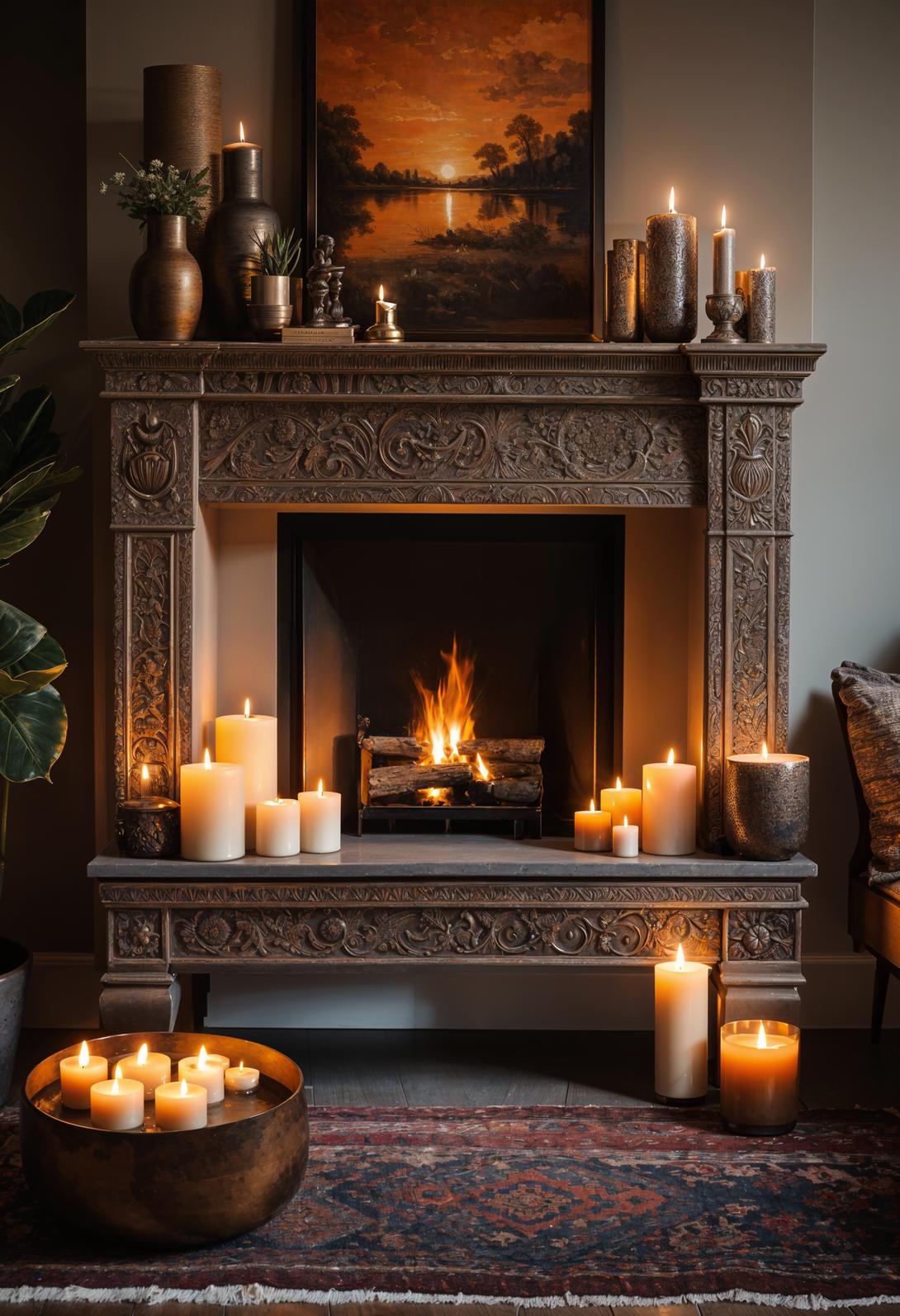 45 Chic & Modern Boho Living Room Ideas To Copy 87 42. Cozy Candle-Filled Ornamental Fireplace-0