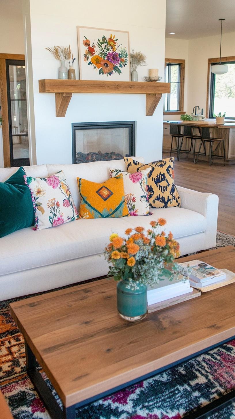 23 einzigartige Boho Farmhouse Wohnzimmer Ideen zum Kopieren 59 19. Cosy Collage: Strecken Sie den Stil mit mehreren geschichteten Mustern, Vereinigungsblumen und Geometrie in Würfen und Kissen, gepaart mit einem einfachen Holzmantel-0.