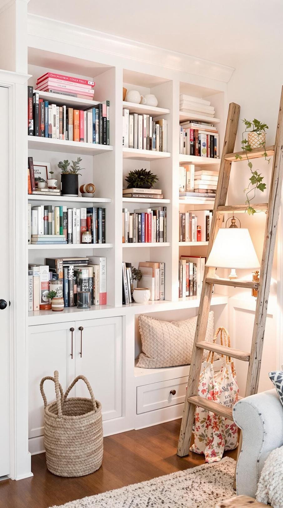 23 einzigartige Boho Farmhouse Wohnzimmer Ideen zum Kopieren 37 12. Cosy Cornerstone: Beingebaute Regale mit Büchern und Schmuckstücke, gerahmt von einem Holzleiterregal und einer Leselampe für einen Wärmeglühen-0