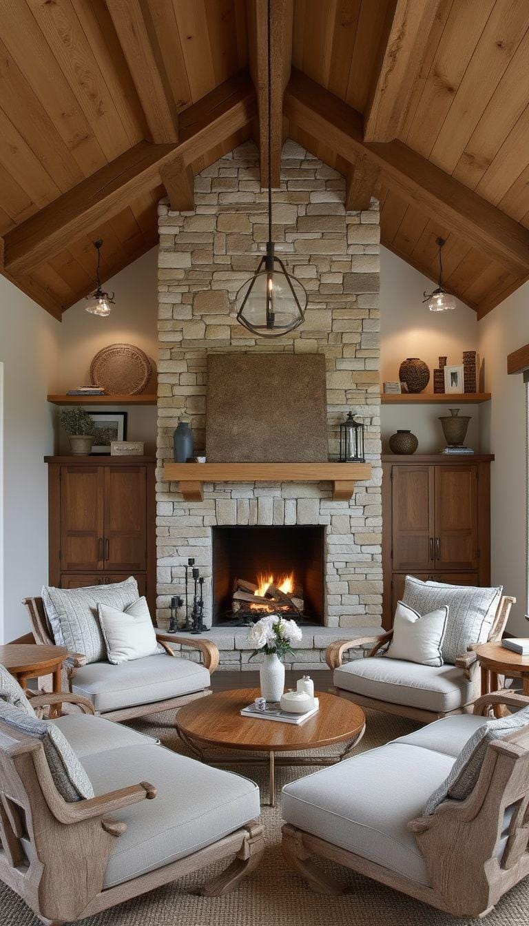 23 Best modern farmhouse living room ideas to inspire you 48 16. Cozy fireplace seats made of natural stone and wood-0