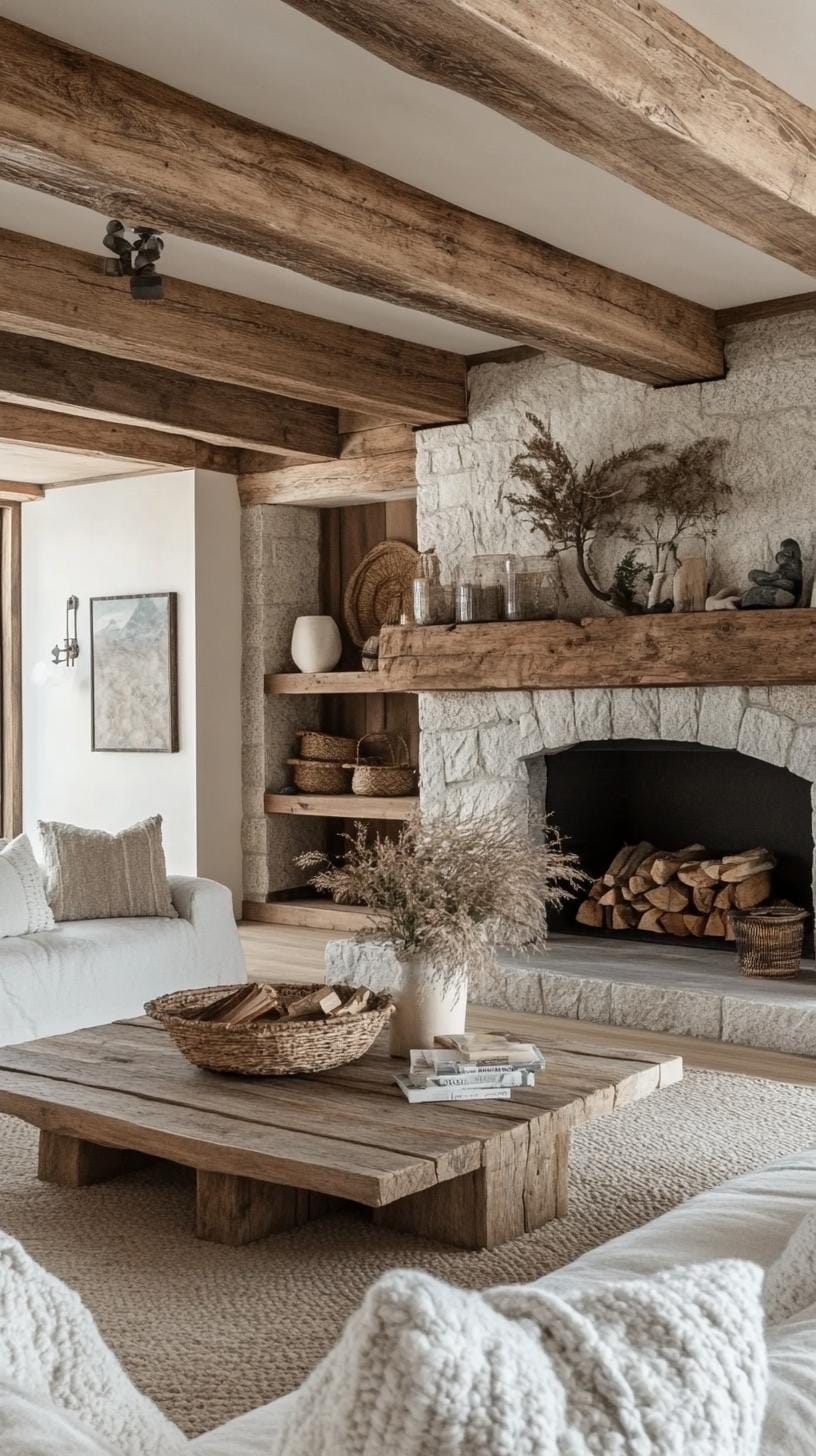 23 Best modern farmhouse living room ideas to inspire you 49 16. Cozy fireplace seats made of natural stone and wood-1