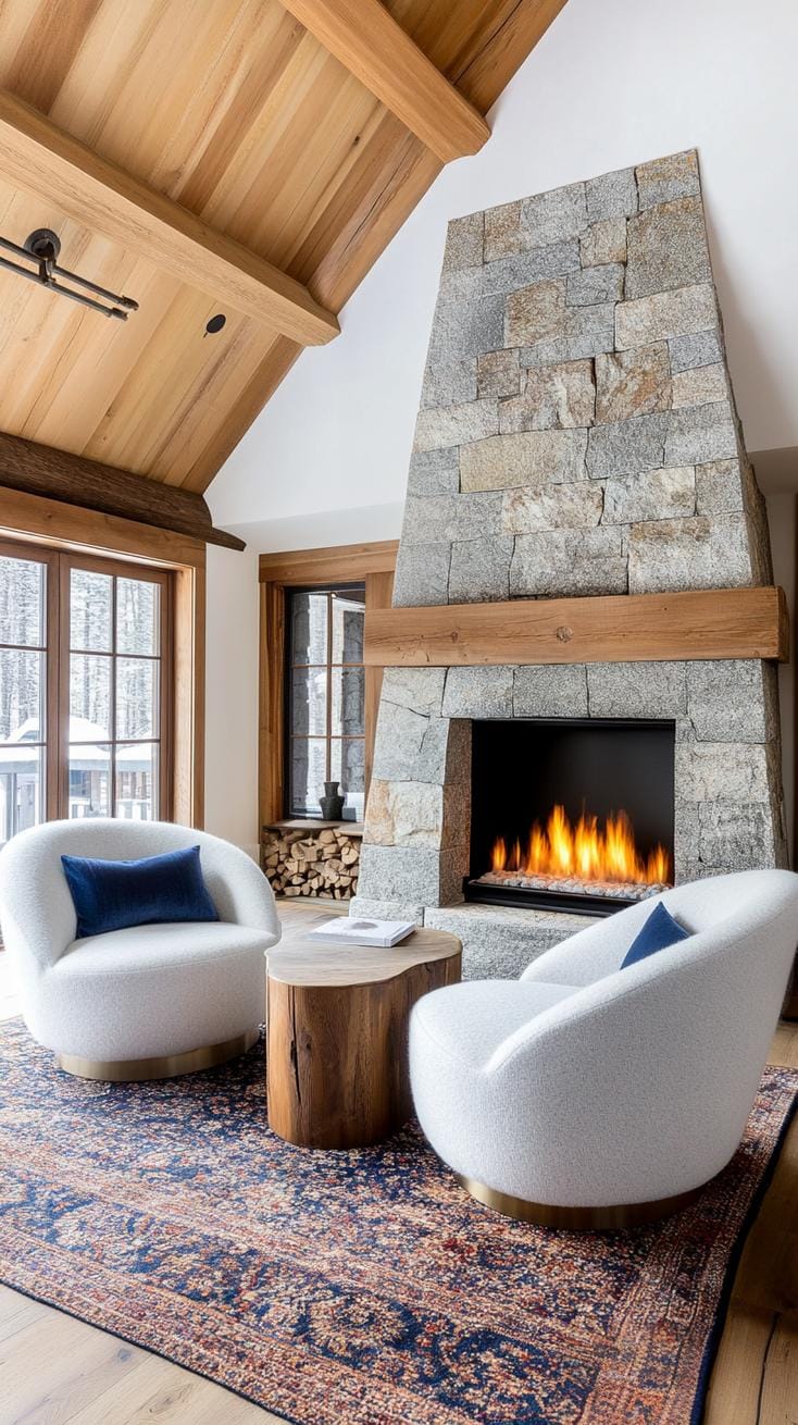 23 Best modern farmhouse living room ideas to inspire you 50 16. Cozy chaminsal seats made of natural stone and wood-2