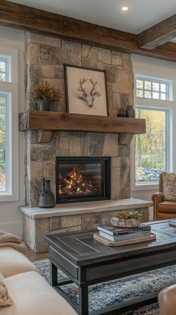 23 Best modern farmhouse living room ideas to inspire you 51 16. Cozy fireplace seats made of natural stone and wood-3