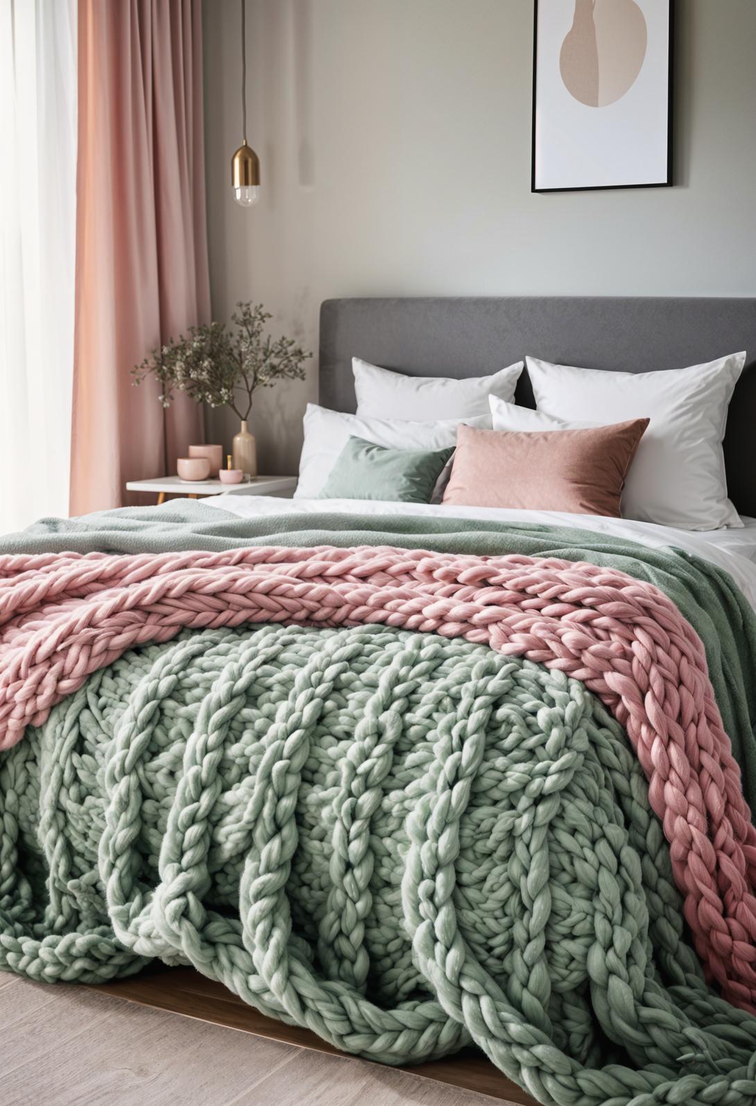 31 Chic Sage Green and Pink Bedroom Inspirations 30 20. Cozy Knit Throws: Sage-Pink Elegance-0