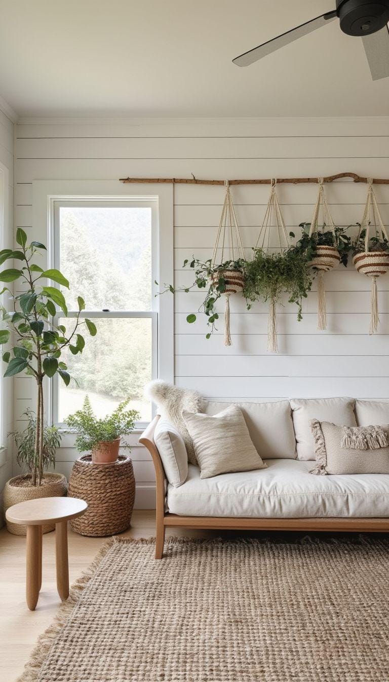 23 einzigartige Boho Farmhouse Wohnzimmer Ideen zum Kopieren 12 4. Gemütlicher Minimalismus: Konzentrieren Sie sich auf einen offenen Grundriss mit hellen Shiplap-Wänden, einem plüschigen, niedrigen Profil-Sofa und Botanicals in Makrame-Hangers-0