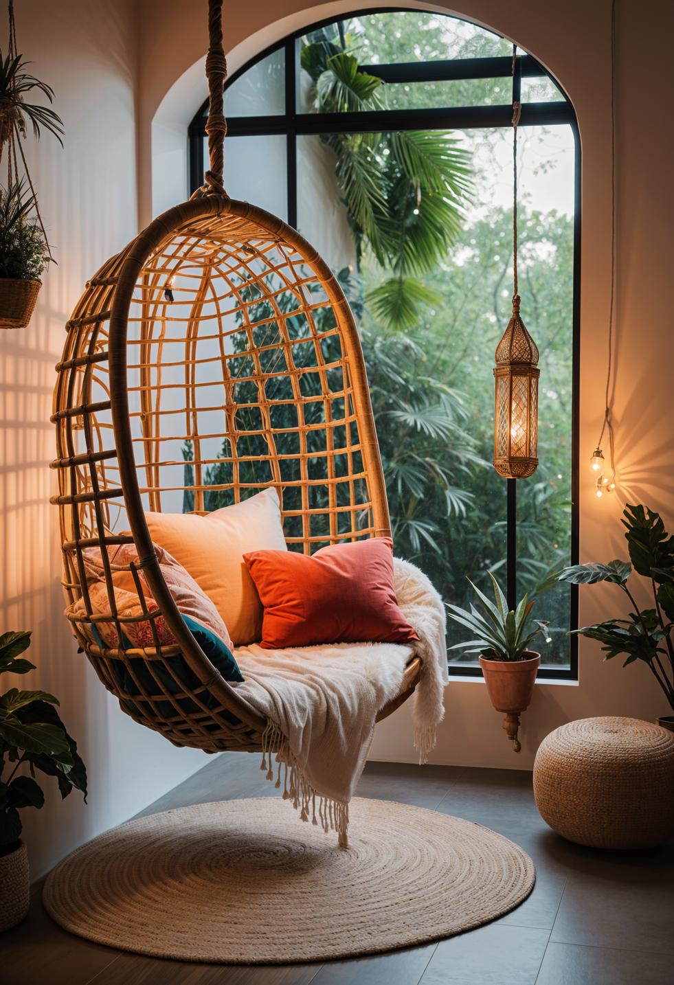 45 Chic & Modern Boho Living Room Ideas To Copy 7 3. Cozy Rattan Swing Chair Nook-0