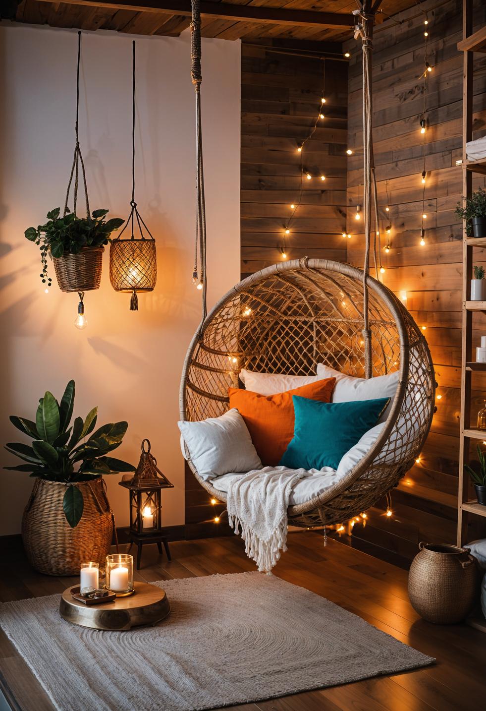 45 Chic & Modern Boho Living Room Ideas To Copy 8 3. Cozy Rattan Swing Chair Nook-1
