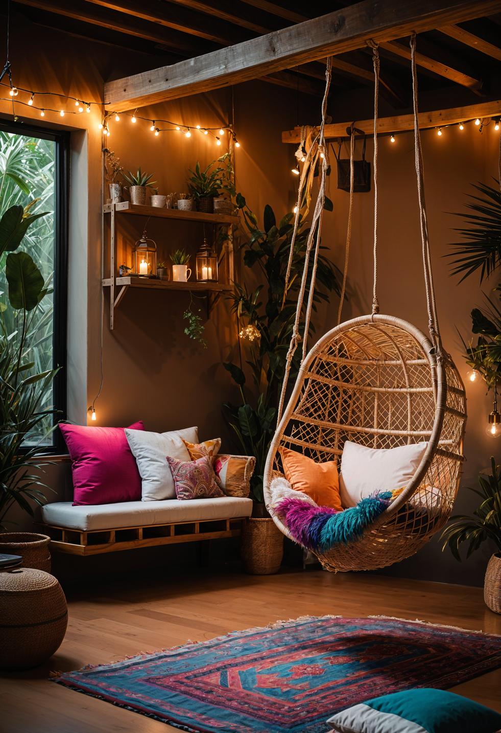 45 Chic & Modern Boho Living Room Ideas To Copy 9 3. Cozy Rattan Swing Chair Nook-2