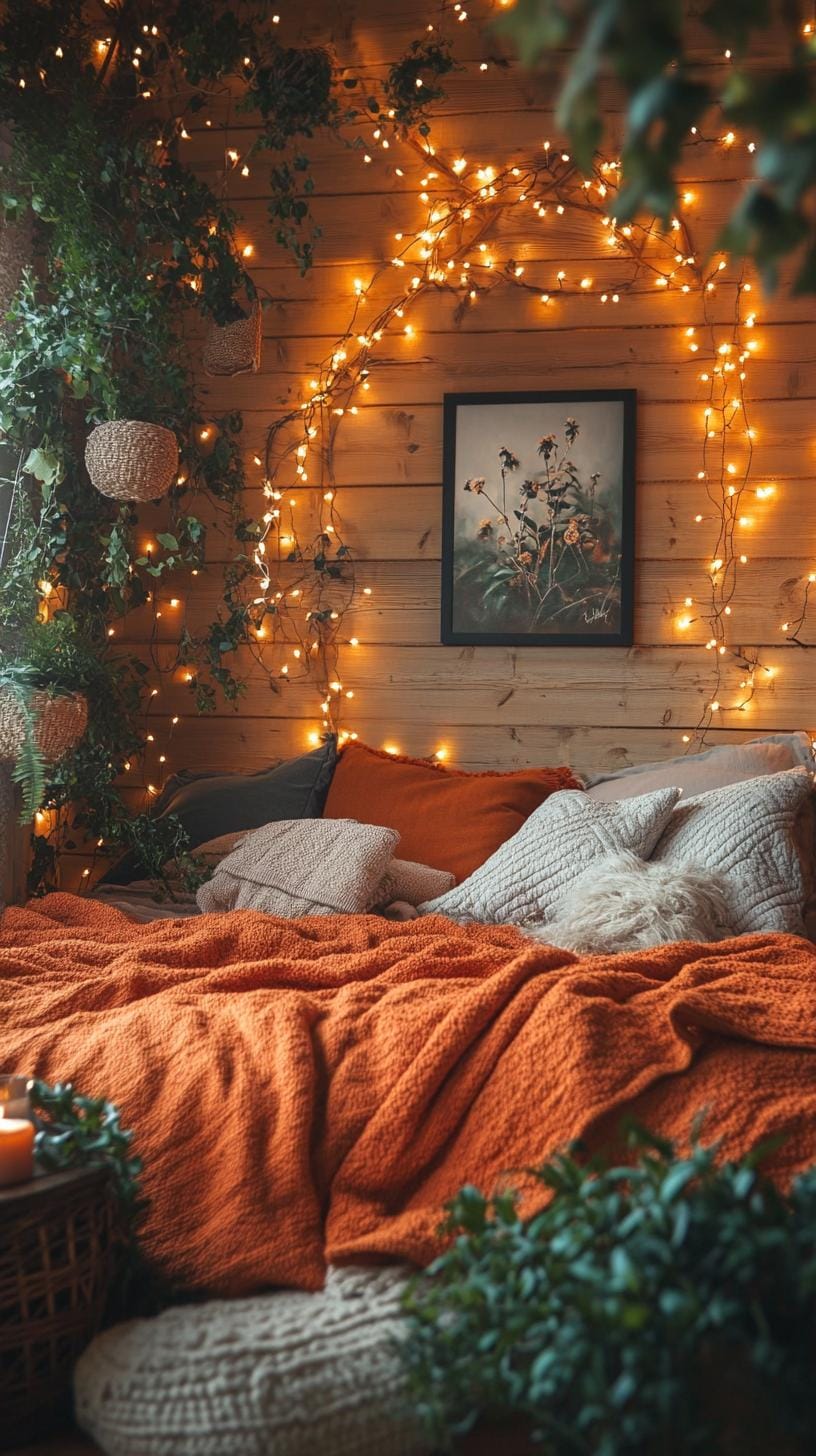 23 Atmospheric Boho bedroom ideas for copying 6 2. Cozy bed with deeply tinted blankets, vintage art and moody light-0