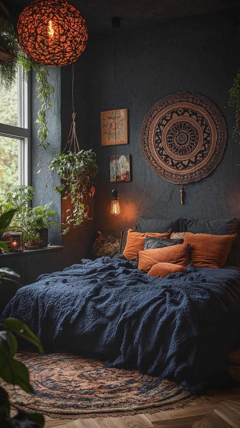 23 Atmospheric Boho bedroom ideas for copying 7 2. Cozy bed with deep blankets, vintage art and moody light-1