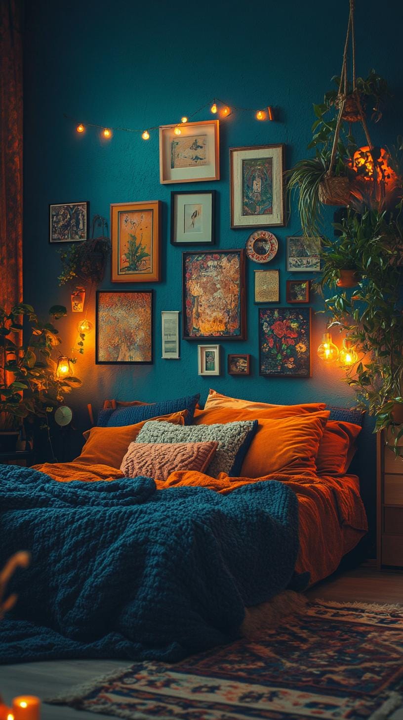23 Bohative atmospheric Boho bedroom ideas for copying 8 2. Cozy bed with deeply tinted blankets, vintage art and moody light-2