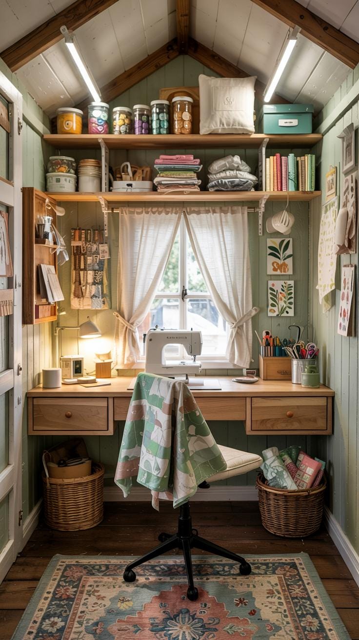 25 Bastelraum -Ideen mit genialen Organisation und Dekor Tipps 67 25. Gemütlicher Nook Bastelraum mit schwimmendem Schreibtisch und weichem Licht-1