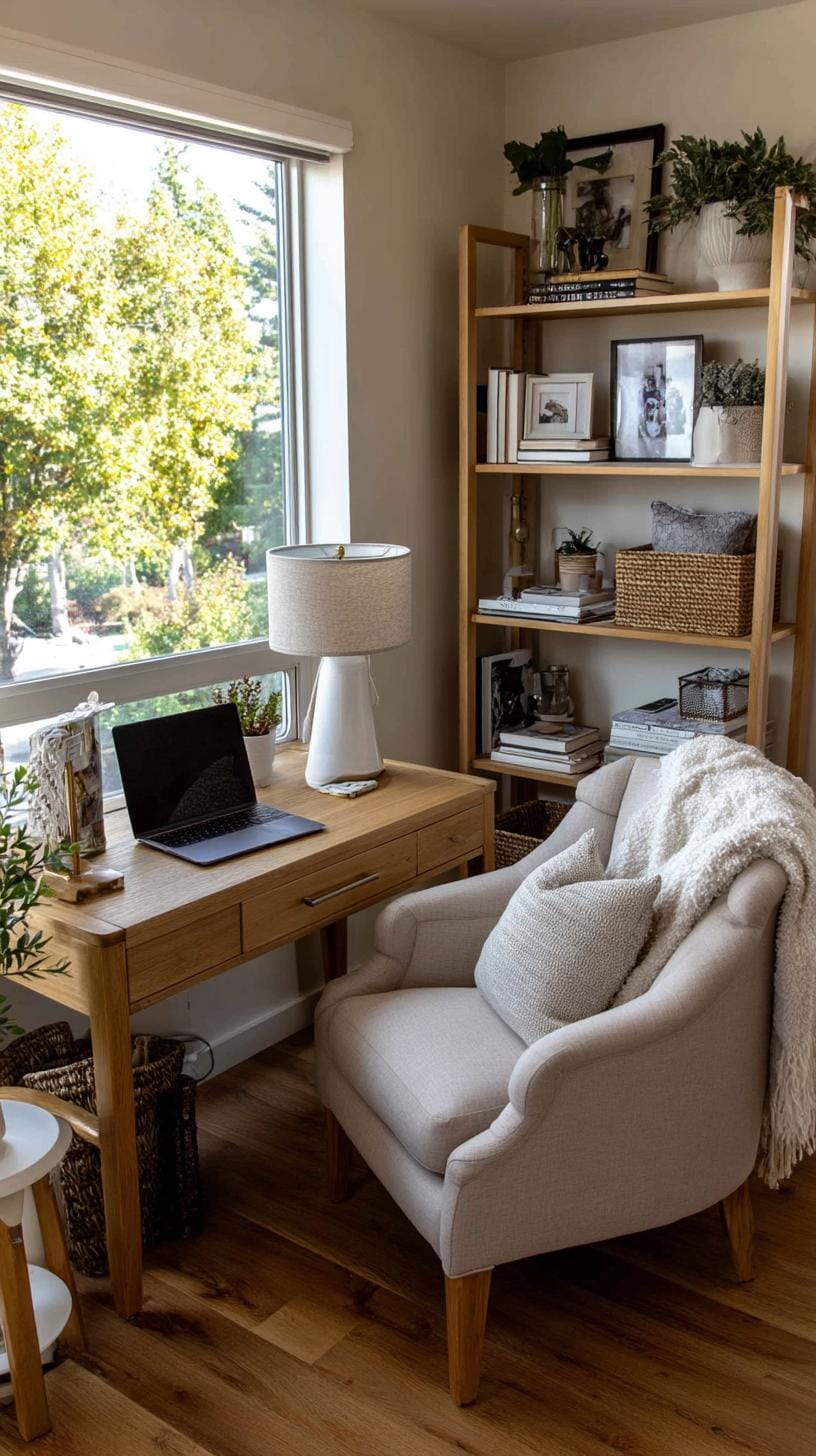 31 Home Office Ideas to Upgrade Your Work From Home Setup 73 27. Cozy nook with plush chair and side table workspace-0