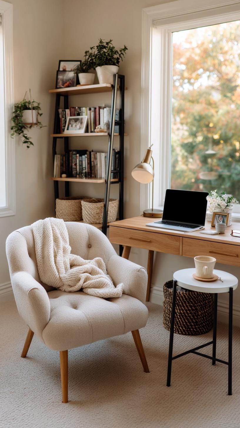 31 Home Office Ideas to Upgrade Your Work From Home Setup 74 27. Cozy nook with plush chair and side table workspace-1
