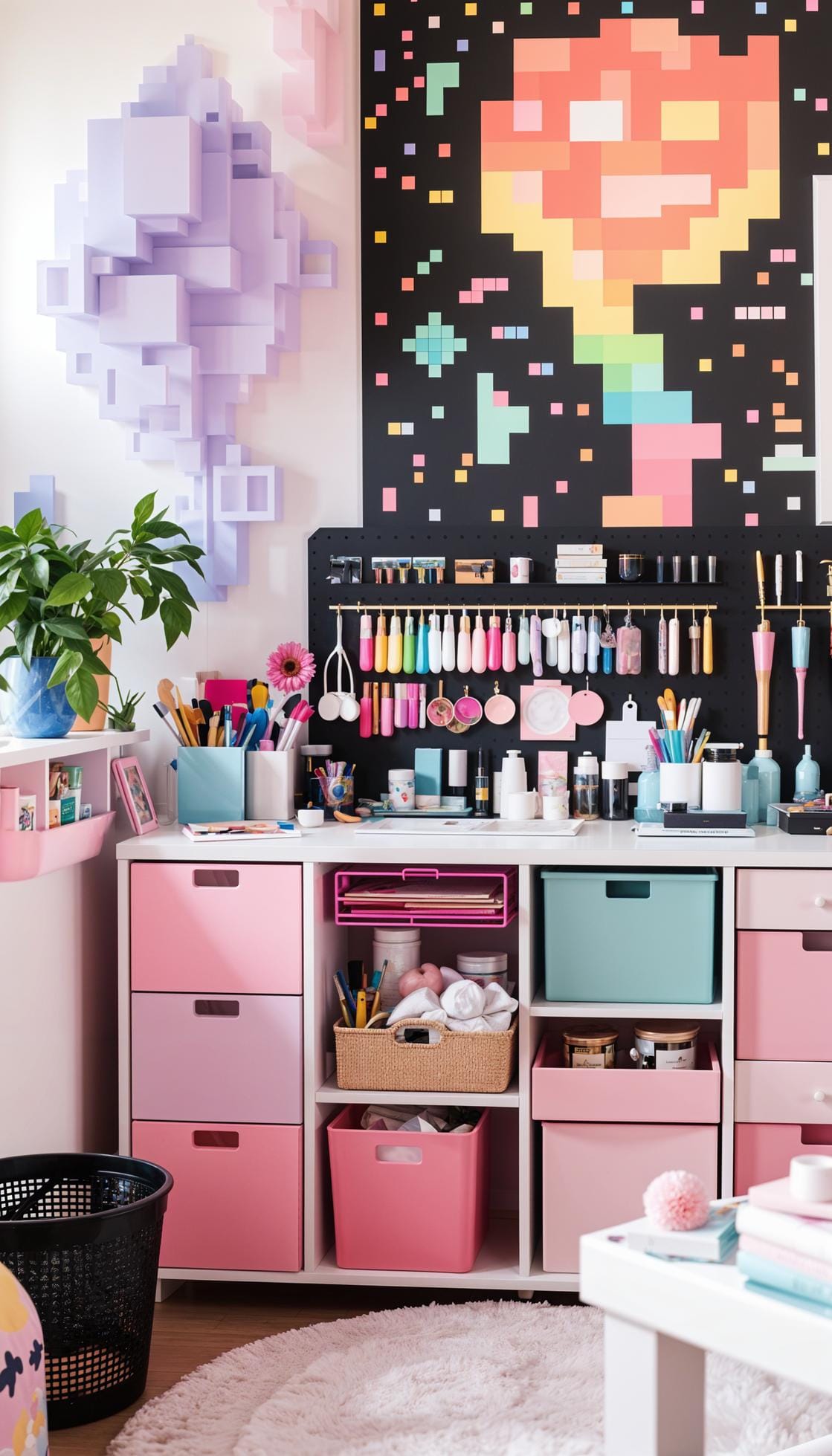25 Bastelraum -Ideen mit genialen Organisation und Dekor Tipps 62 23. Bastelraum mit pastellem pixeliertem Kunstwerk-1 dekoriert