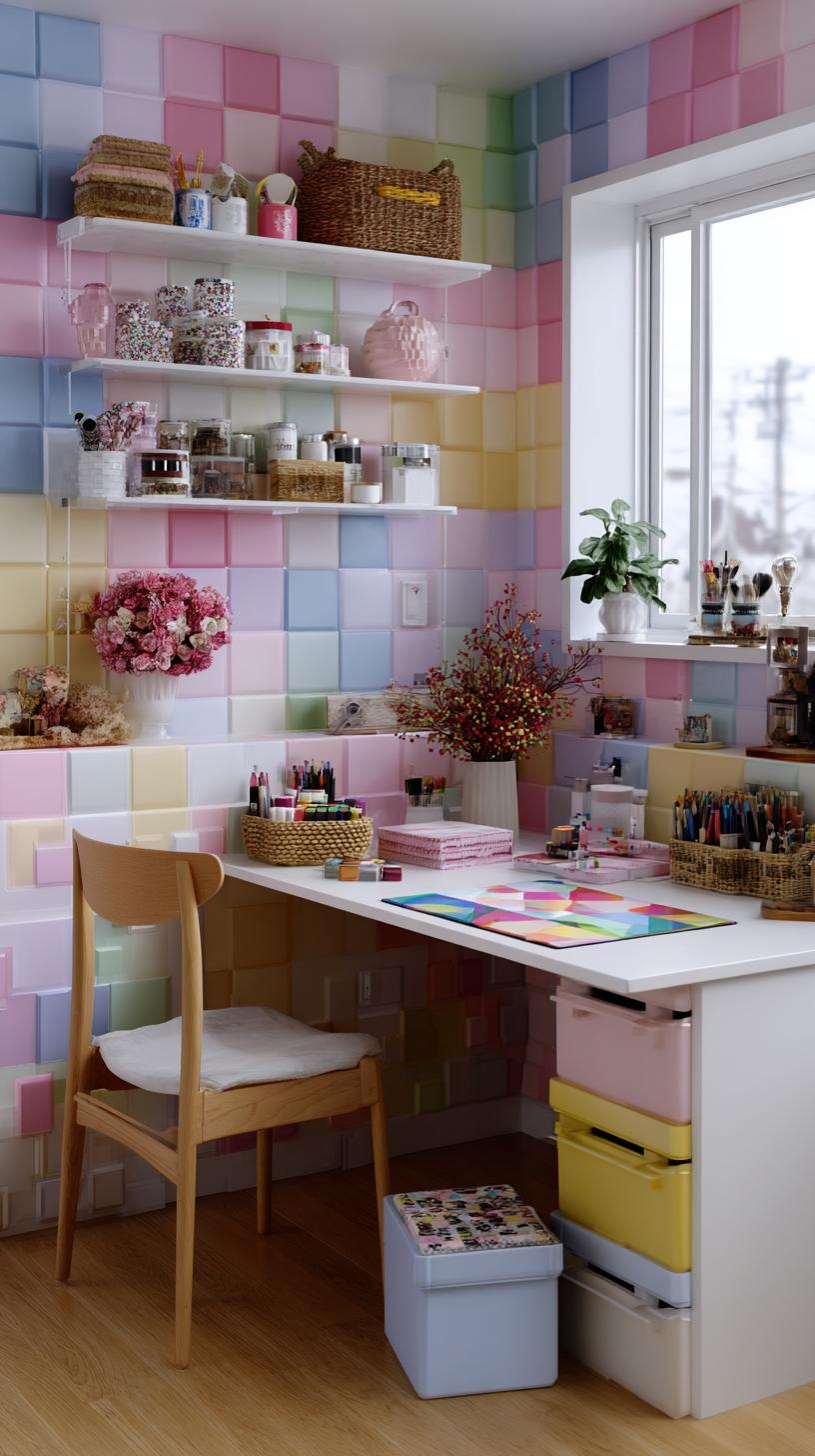 25 Bastelraumideen mit genialen Organisation und Dekor Tipps 63 23. Bastelraum mit pastellfarbenen Artwork-2 dekoriert