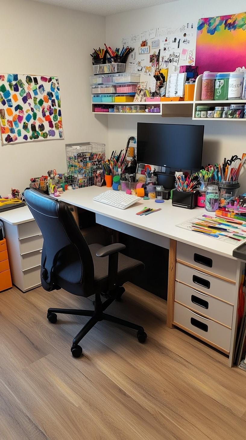 31 Home Office Ideas to Upgrade Your Work From Home Setup 58 20. Crafting workspace with labeled drawers and supplies-1