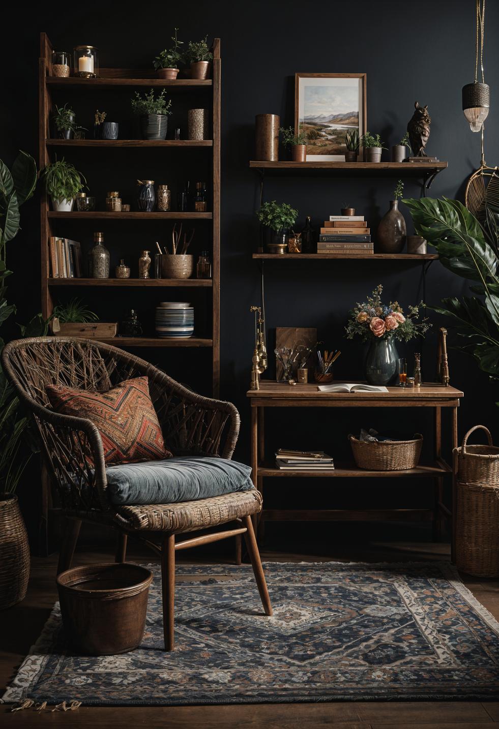 35 Gorgeous Dark Boho Living Room Inspirations 43 26. Crafty Boho Nook-0