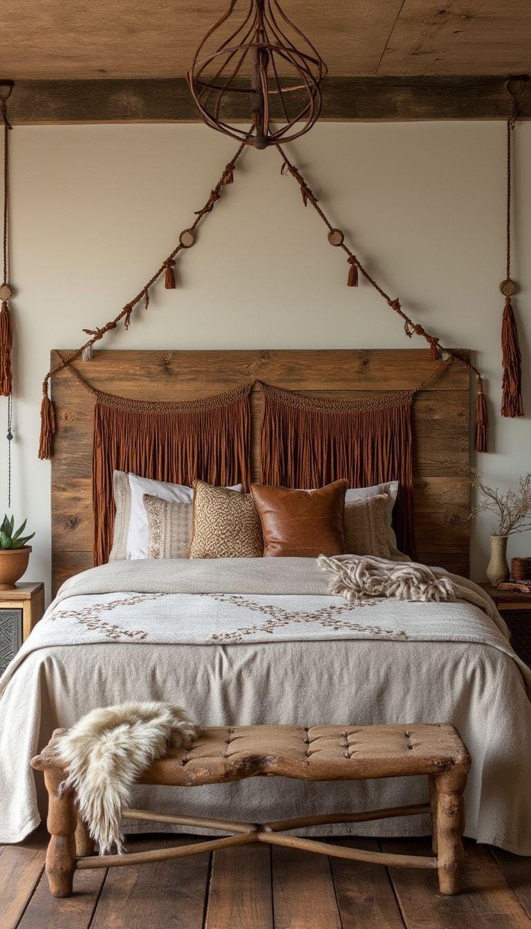 21 Breathtaking Western Boho Bedroom Ideas to inspire you 9 3 .. Create a balance with natural textures with raw wooden head parts paired with leather-tassel-accent-0