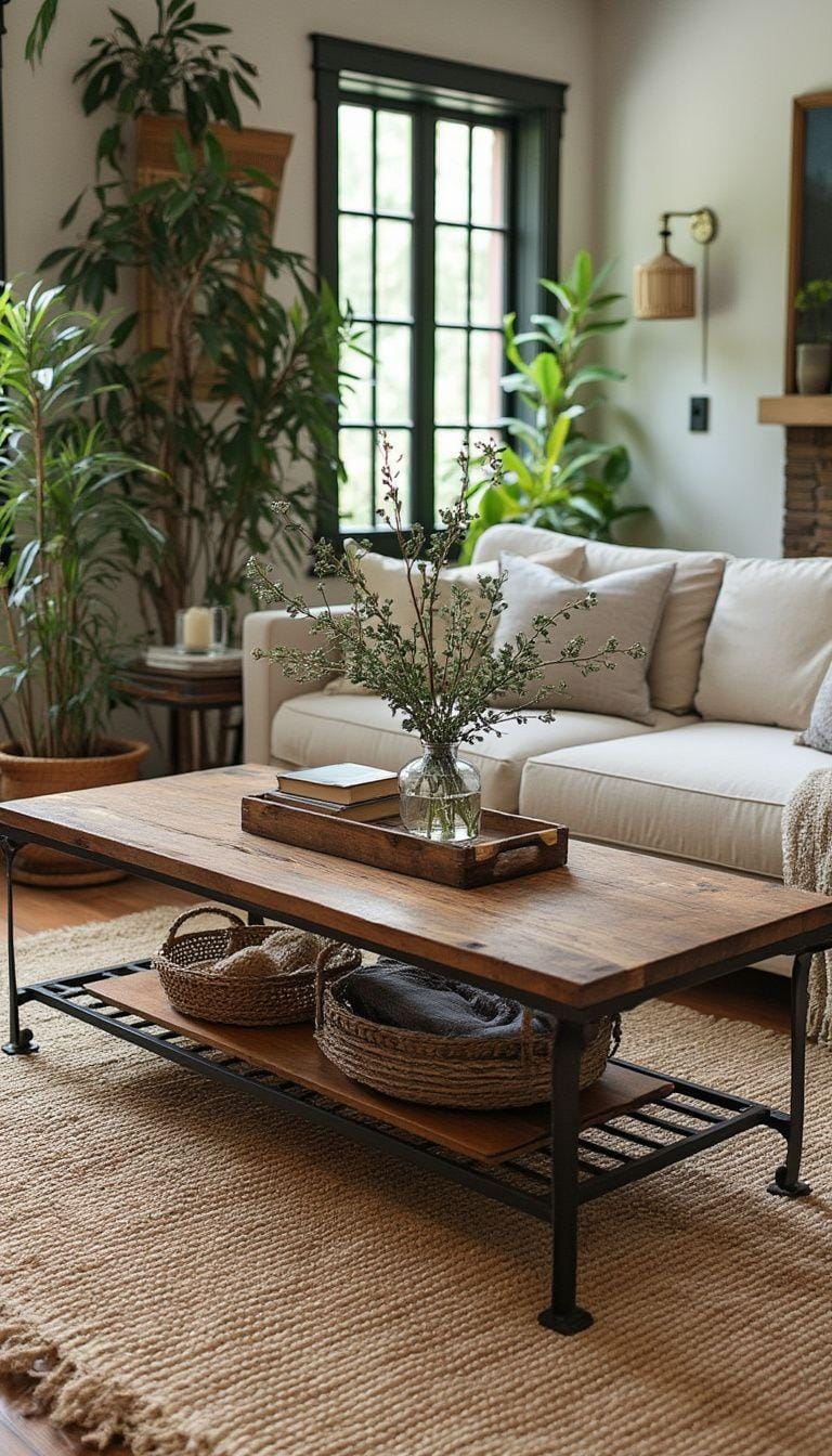 21 Best industrial farmhouse living room ideas to inspire 58 58 20. Create a center of serenity with blacksmith and wooden coffee table, paired with hemp carpets and lush green for contrast-0