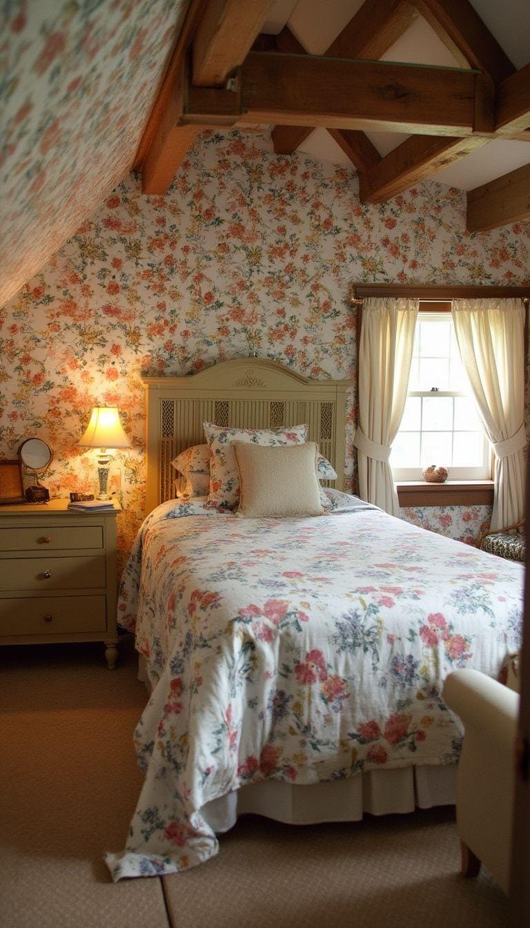 2. Create a cozy cottage retreat with flower wallpapers, vintage furniture and natural wood rays-0