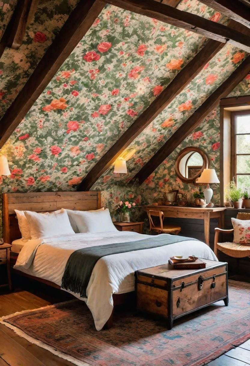 2. Create a cozy cottage retreat with flower wallpapers, vintage furniture and natural wood rays-1