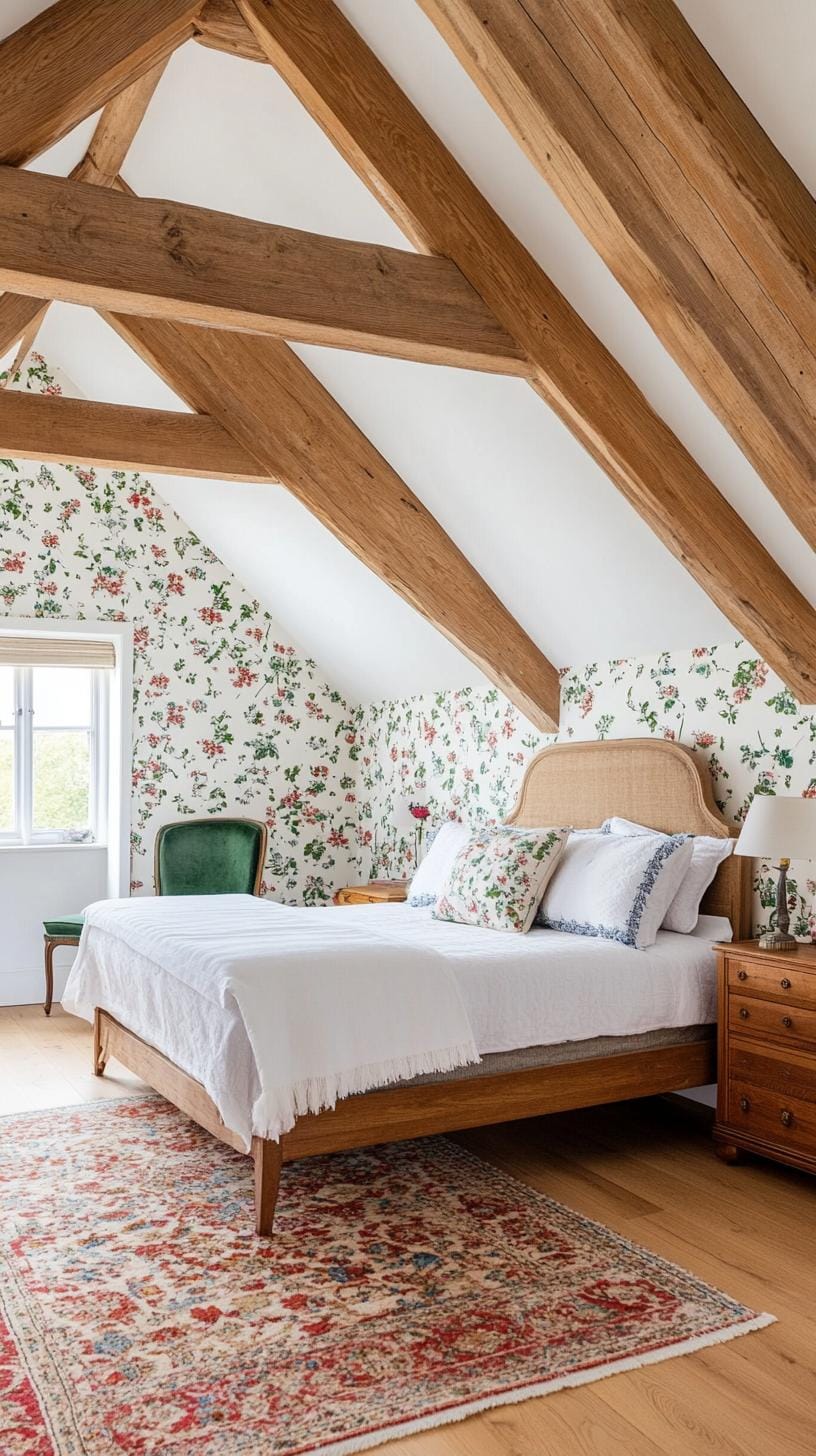 2. Create a cozy cottage retreat with flower wallpapers, vintage furniture and natural wood radiation-2