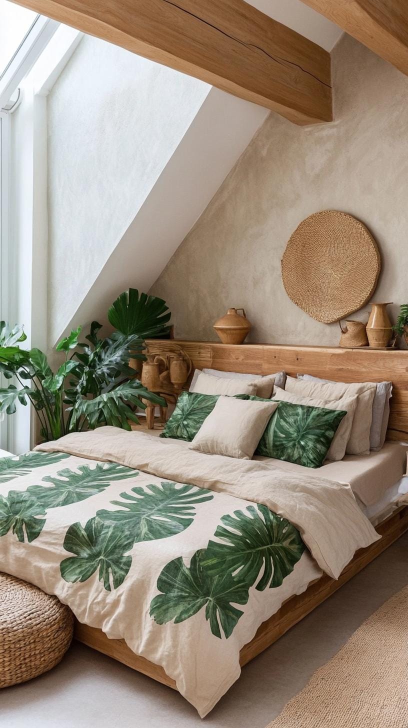 21 sweet attic bedroom ideas that you will love 32 10. Create a nature-inspired retreat with leaf motifs, handmade wooden furniture and earthy tones-0