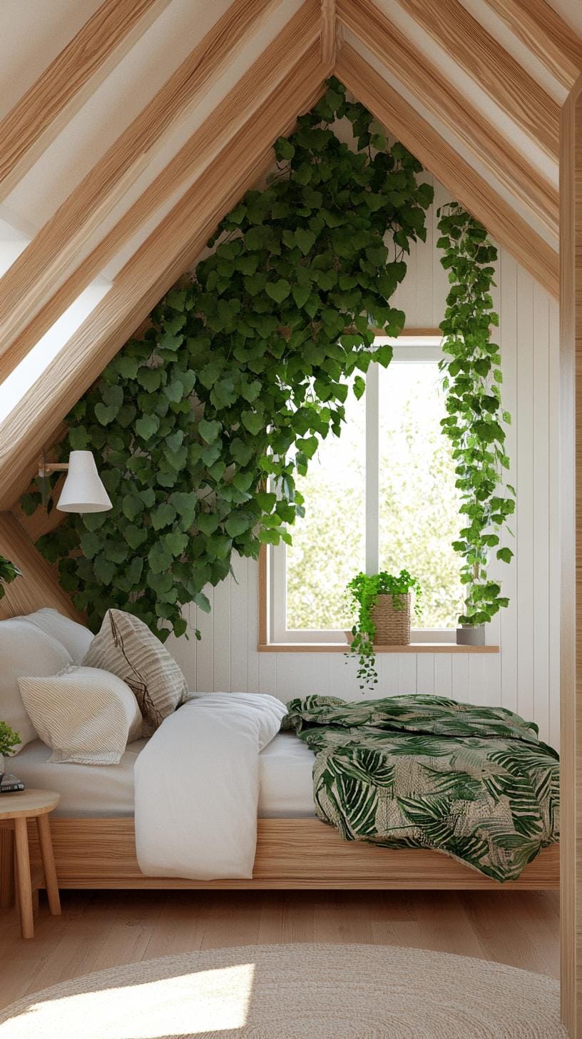 21 sweet attic bedroom ideas that you will love 34 10. Create a retreat with leaf motifs inspired by nature, handmade wooden furniture and earthy tones-2