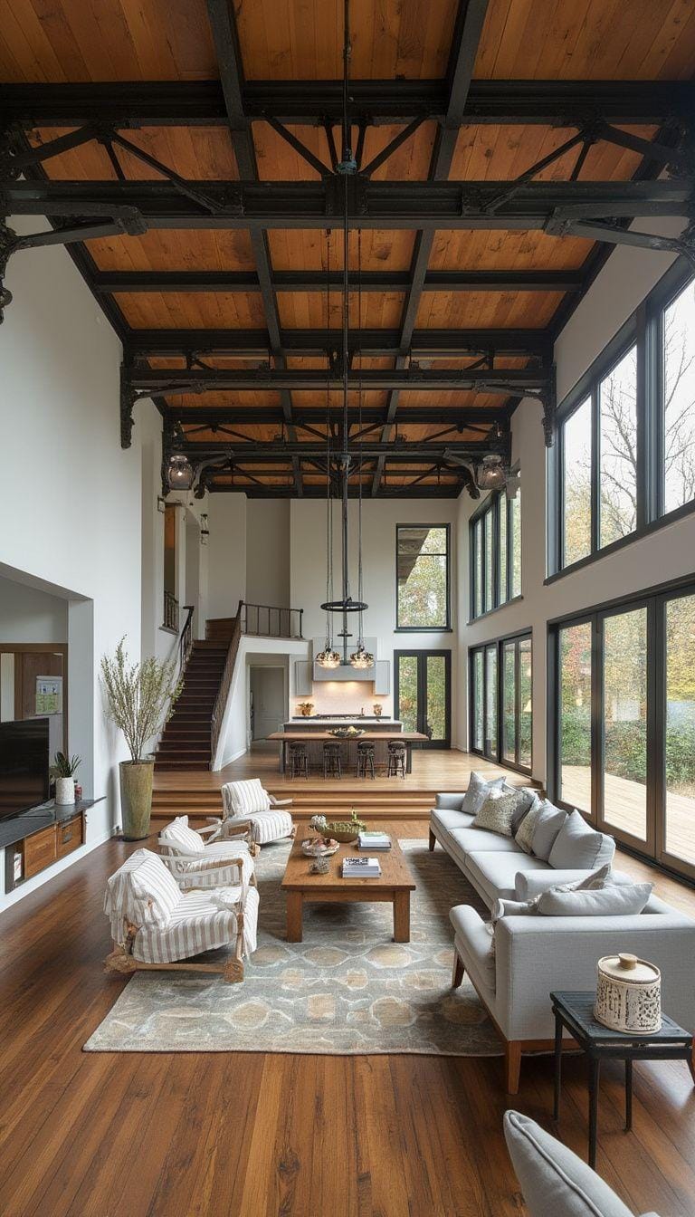 21 Best industrial farmhouse living room ideas to inspire 9 3 .. Create a spacious open living area that combines industrial steel beams with rustic wooden floors, which are accentuated by minimalist decor-0.