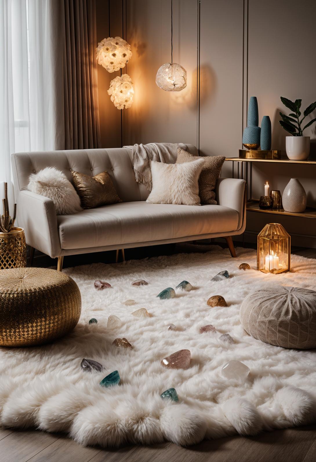 45 Chic & Modern Boho Living Room Ideas To Copy 58 25. Crystal Ambiance Display: Illuminate Tranquility-0