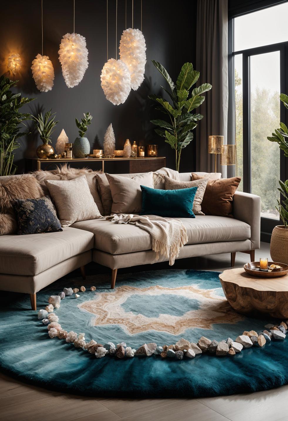 45 Chic & Modern Boho Living Room Ideas To Copy 59 25. Crystal Ambiance Display: Illuminate Tranquility-1