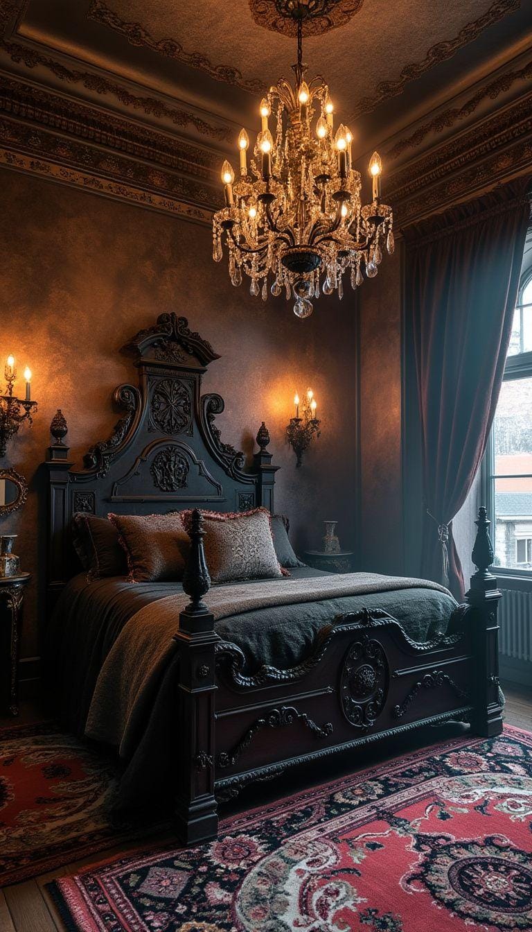 19 Best Gothic Boho bedroom ideas for a dreamy sanctuary 16 5. Crystal chandelier over the head illuminates a dark wood and wrought iron bed with plush Persian carpets under the feet-0