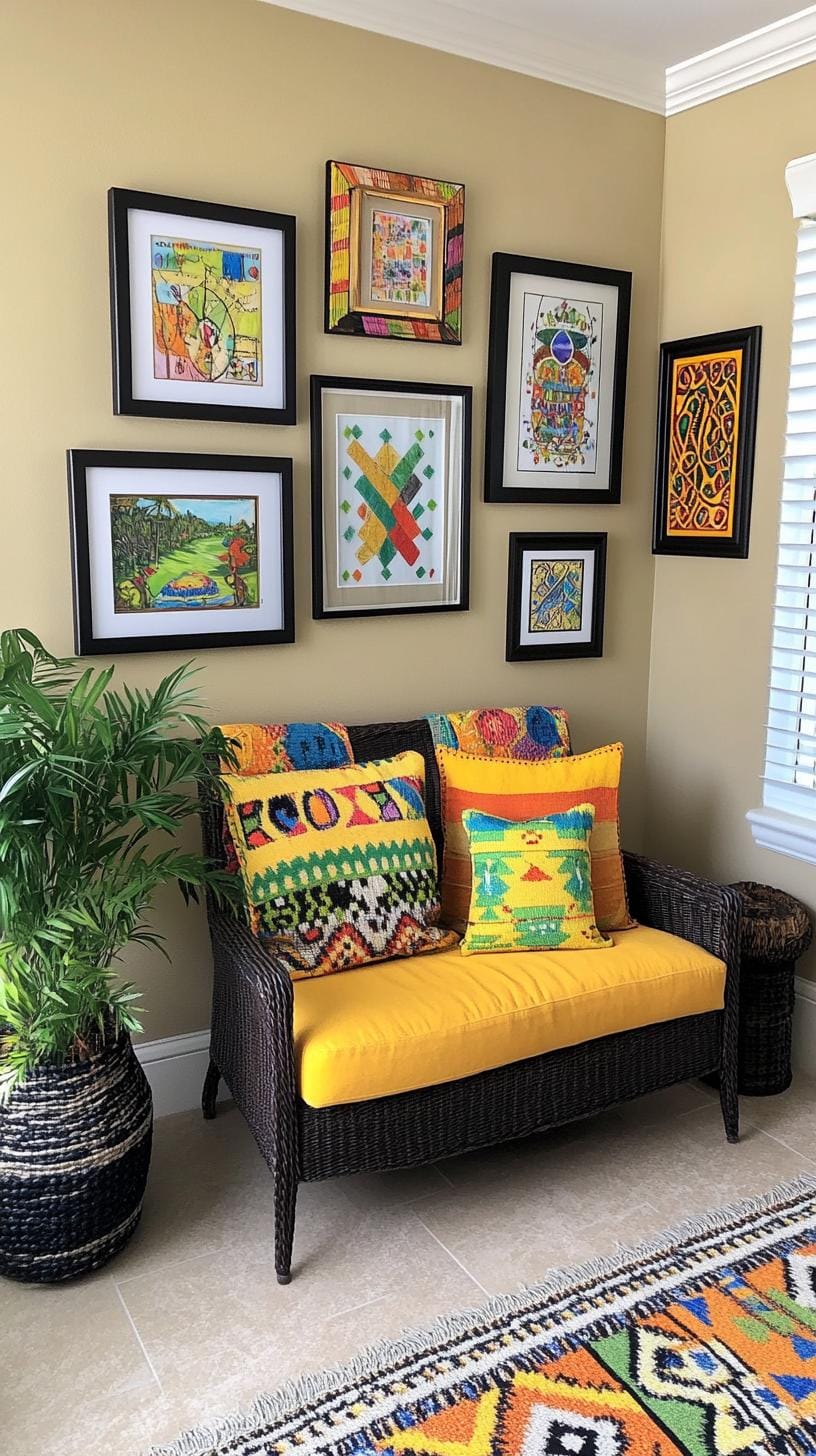 37 Gallery Wall Decor Ideas: Layouts And Styles to Elevate Any Room 107 36. Cultural collage arrangement with travel or ethnic prints and textiles-0