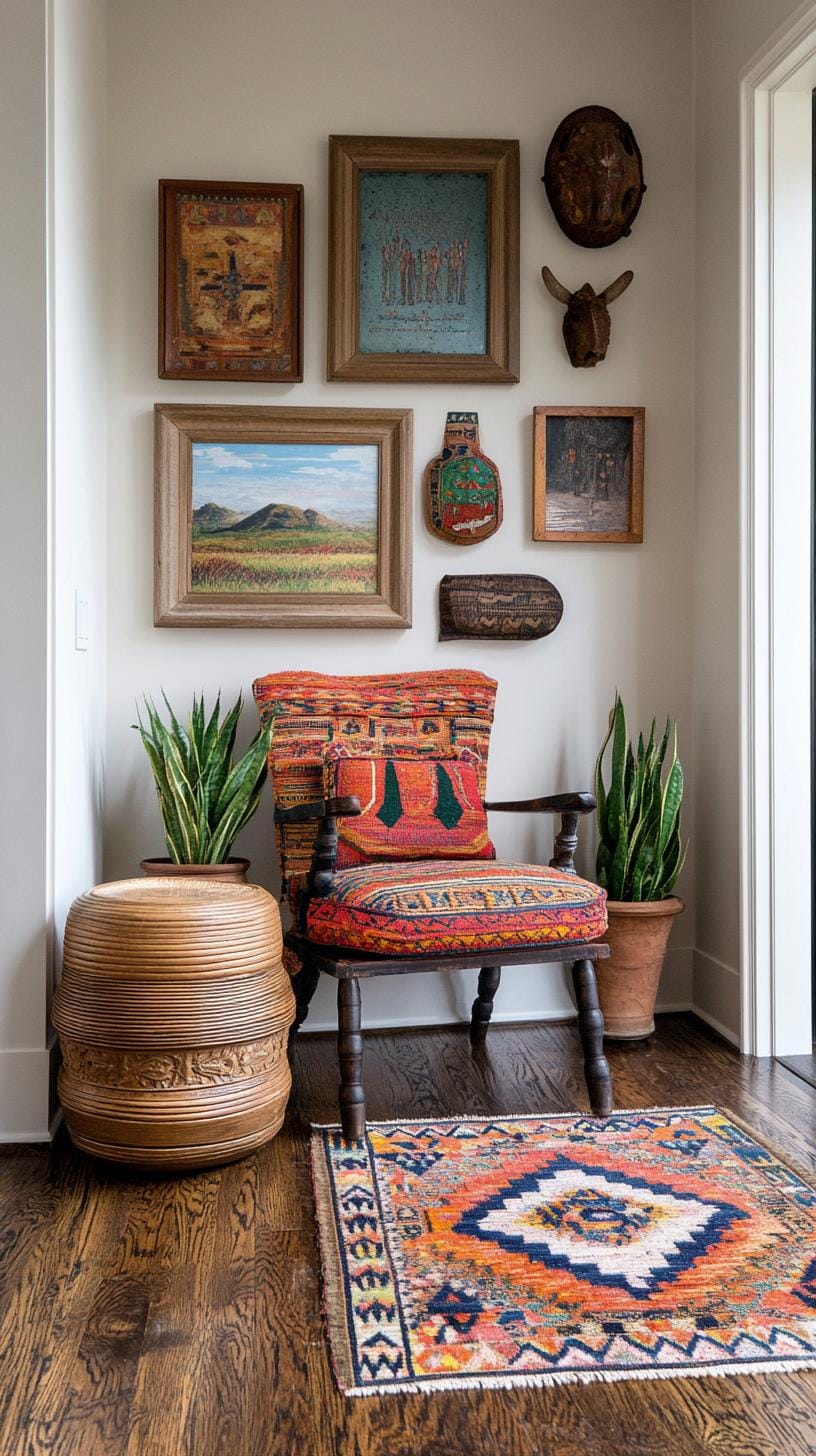 37 Gallery Wall Decor Ideas: Layouts And Styles to Elevate Any Room 108 36. Cultural collage arrangement with travel or ethnic prints and textiles-1