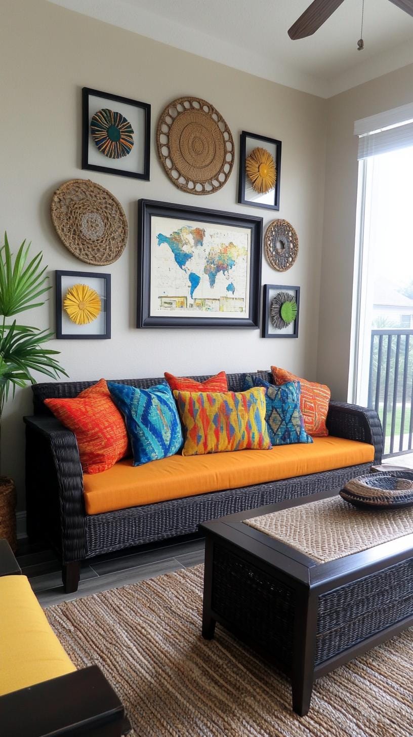 37 Gallery Wall Decor Ideas: Layouts And Styles to Elevate Any Room 109 36. Cultural collage arrangement with travel or ethnic prints and textiles-2
