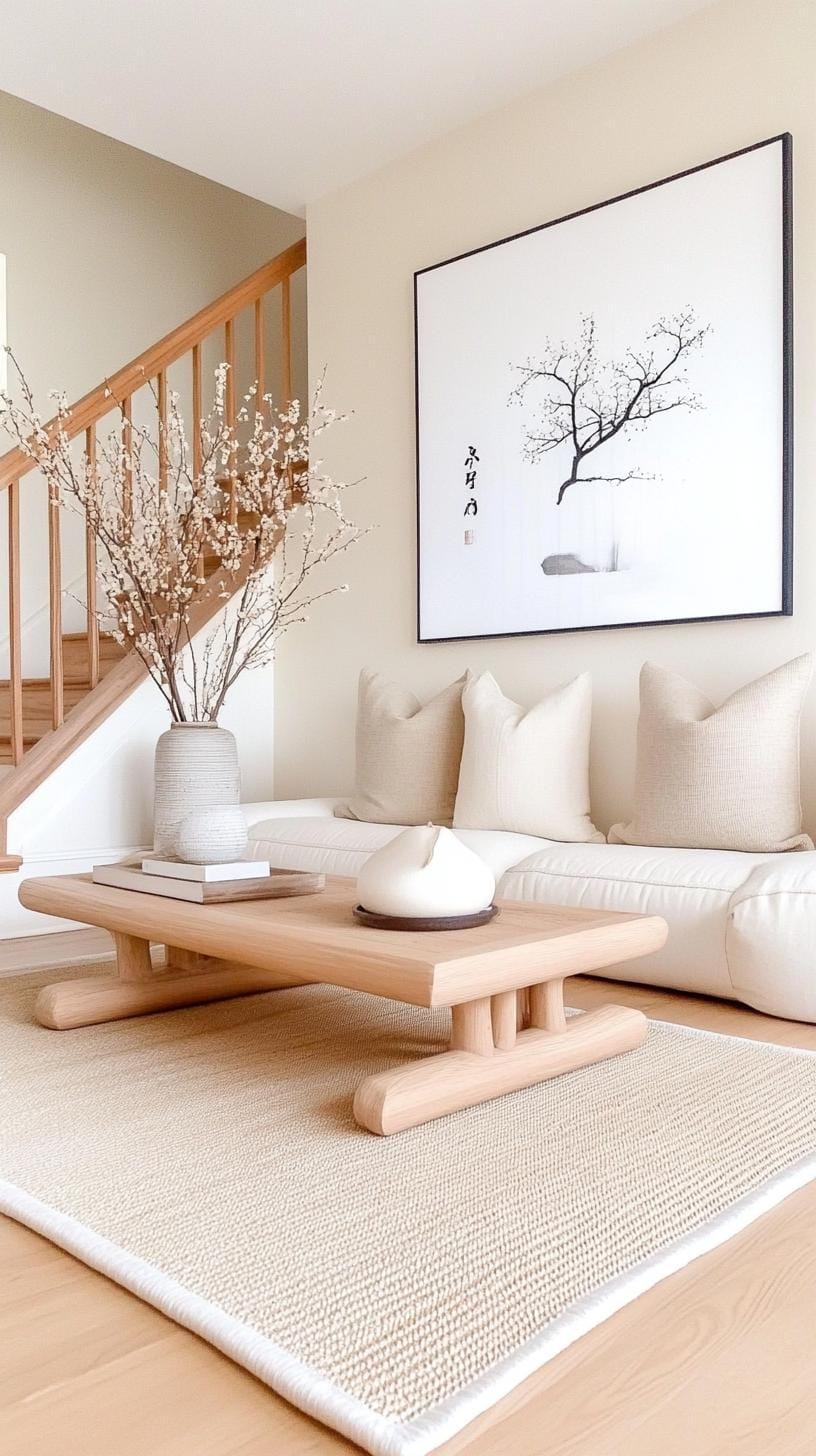 15 new Japandi living room ideas that you will love 40 15. Curated calm: neutral palette with structured elements and symmetrical layout-0