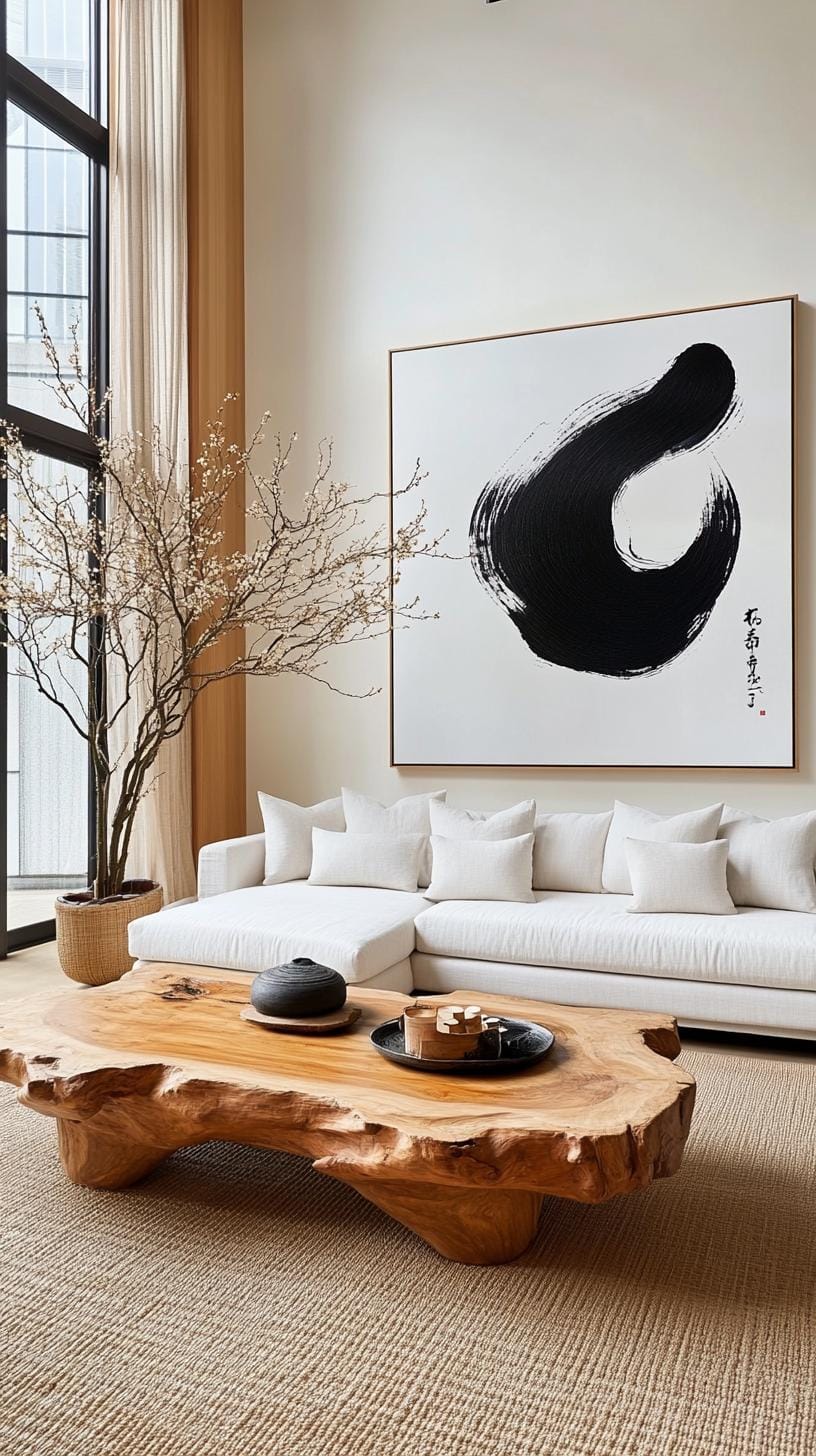 15 new Japandi living room ideas that you will love 41 15. Curated peace: Neutral palette with structured elements and symmetrical layout-1