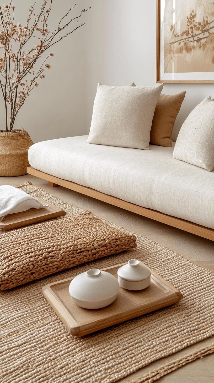 15 new Japandi living room ideas that you will love 42 15. Curated calm: neutral palette with structured elements and symmetrical layout-2