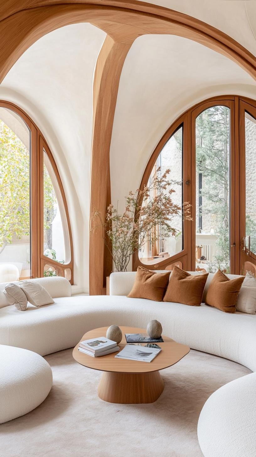 21 Cozy organic modern living room ideas for copying 34 11. Curved, cozy seating arrangement with a rounded Sofas-1