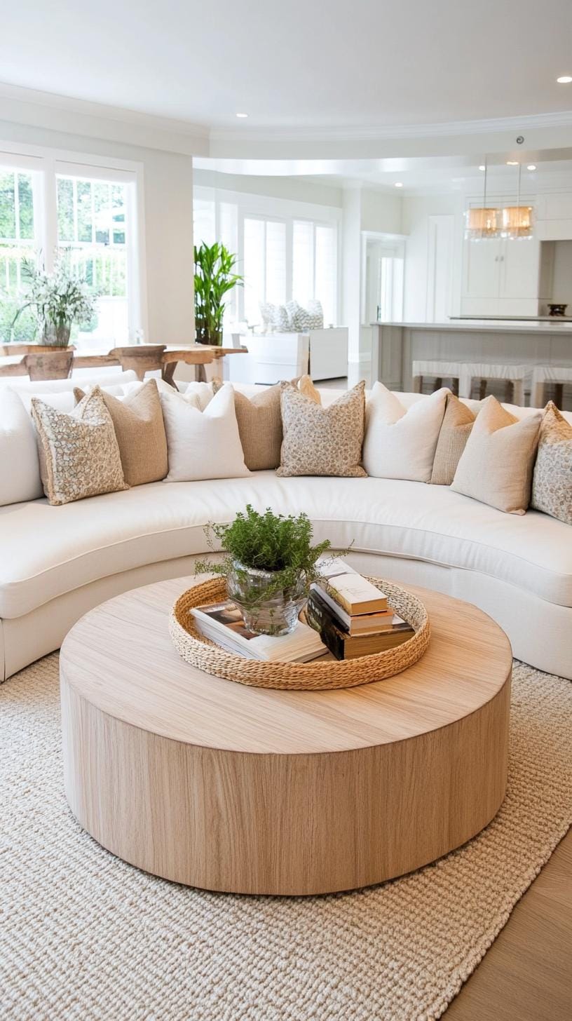 21 Cozy organic modern living room ideas for copying 35 11. Curved, cozy seating arrangement with a rounded Sofas-2