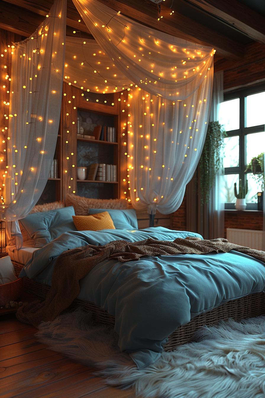 18 Genius Home Bedroom Soft Idea with a Budget 13 5. DIY bedroom canopy with lights 0