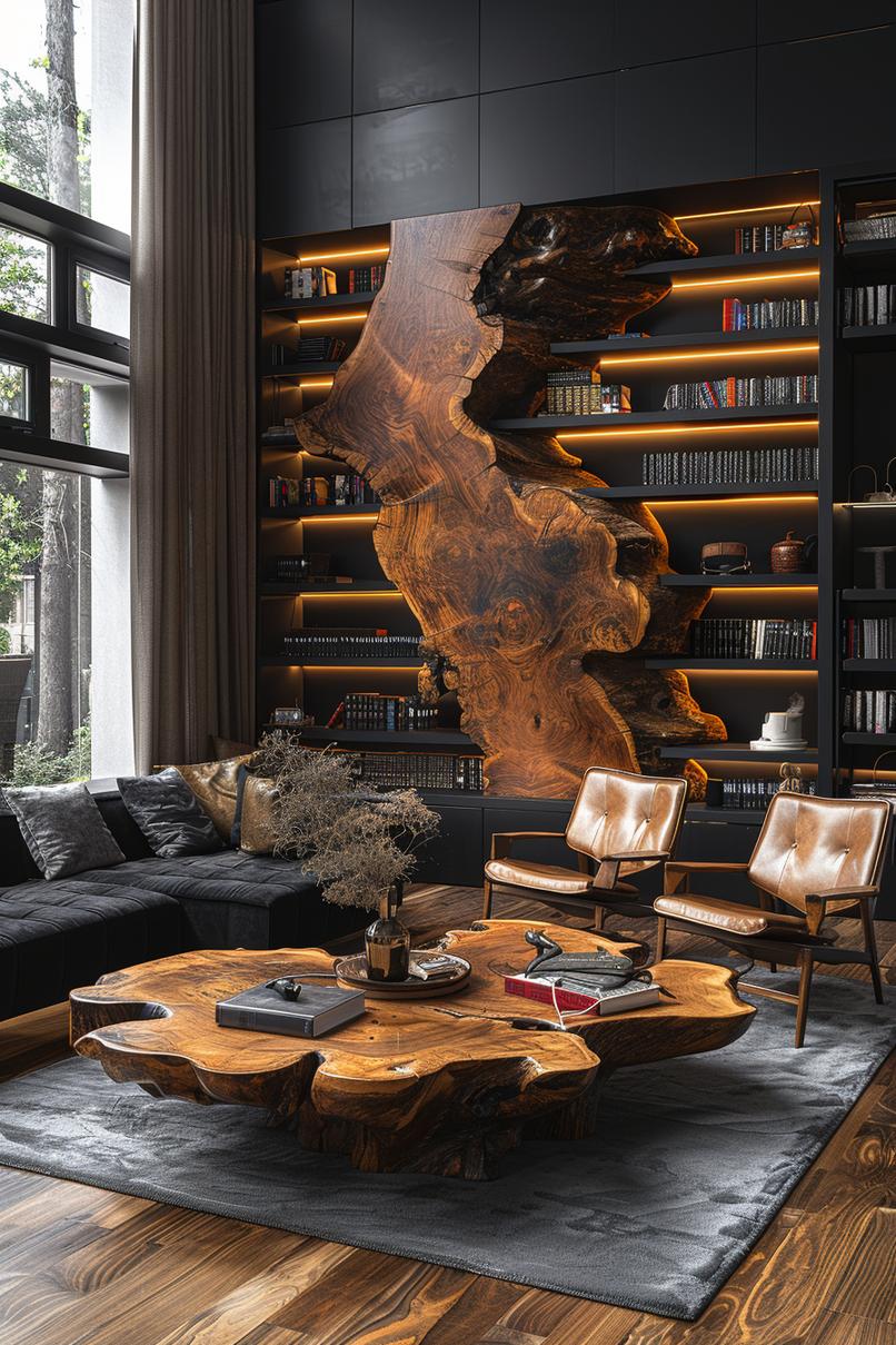 15 Best moody mid -century modern living room ideas 32 10. Dark Walnut mood lighting display-1