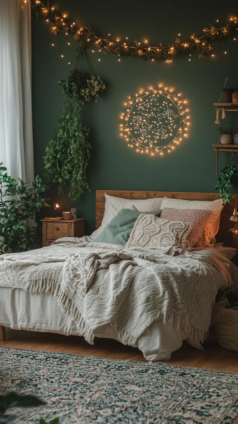 23 atmospheric Boho bedroom ideas for copying 3 1. Dark green walls with layered boho textiles and dark lighting-0