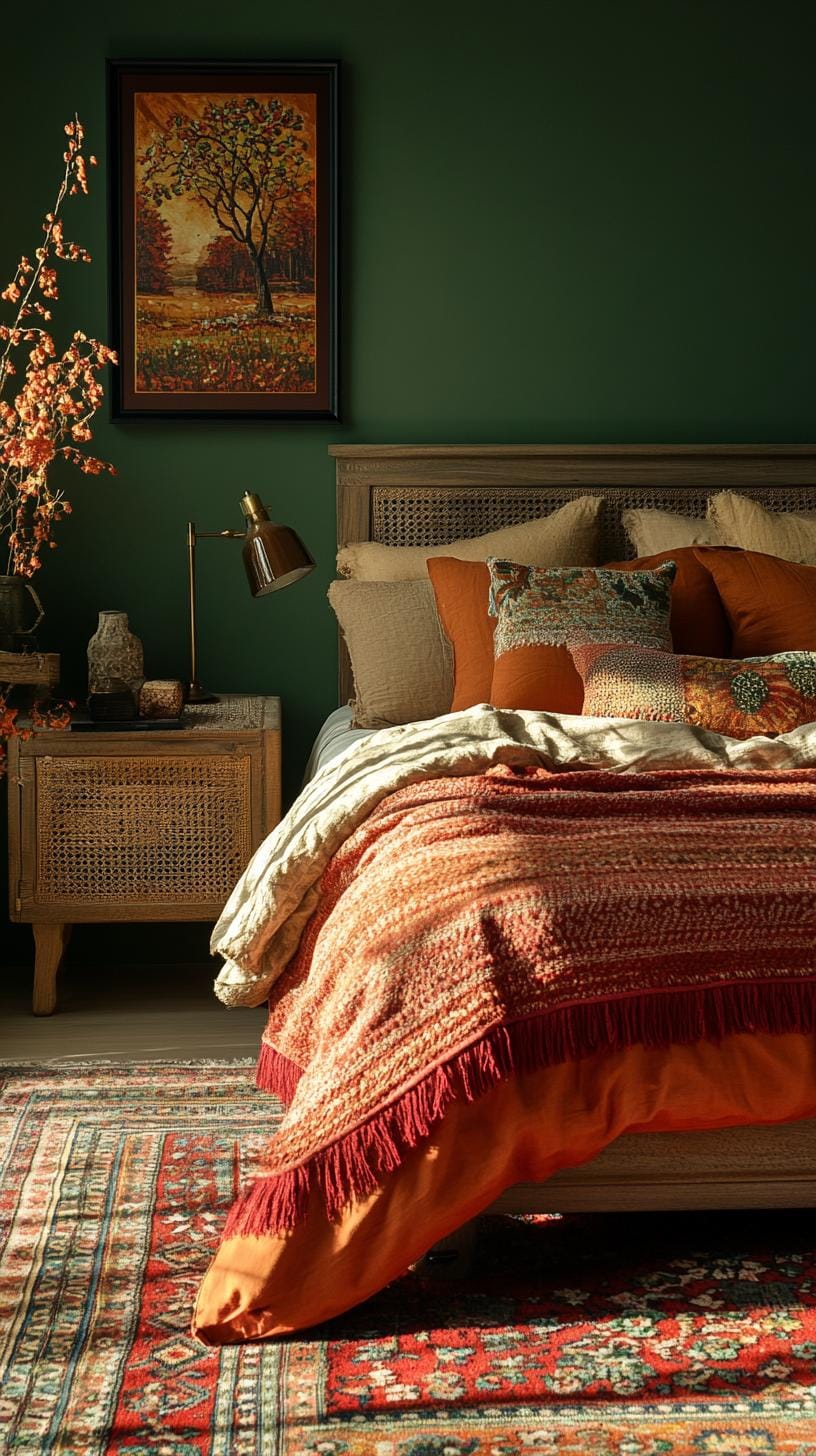 23 Rechering atmospheric Boho bedroom ideas for copying 4 1. Dark green walls with layered boho textiles and dark lighting-1